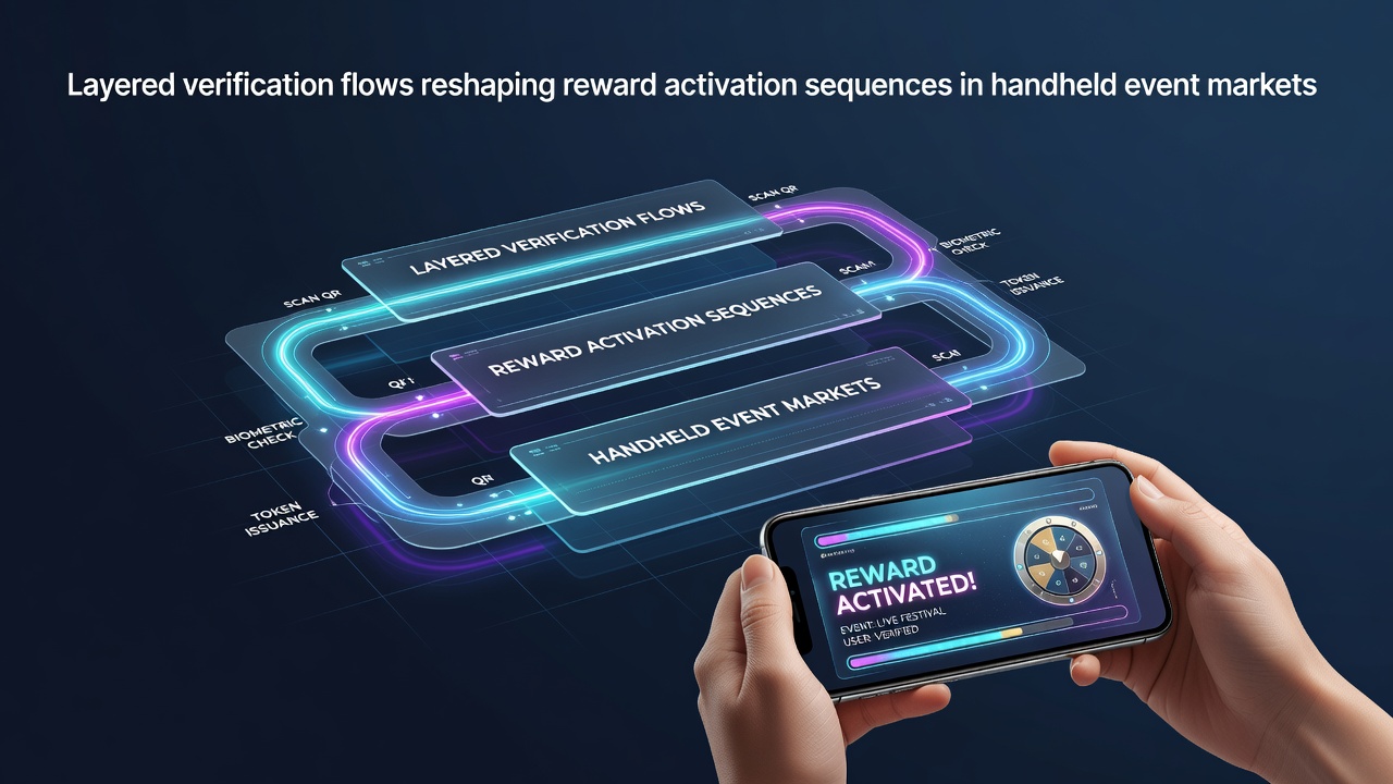 Layered verification process diagram showing multi-step authentication sequences on mobile devices for event-based wagering platforms