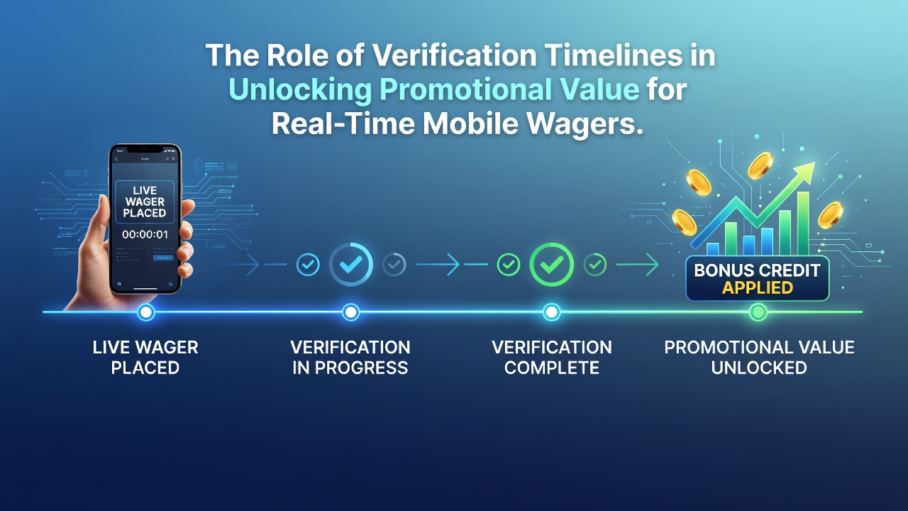 Infographic showing verification process flow for mobile wagering promotions and timeline benchmarks